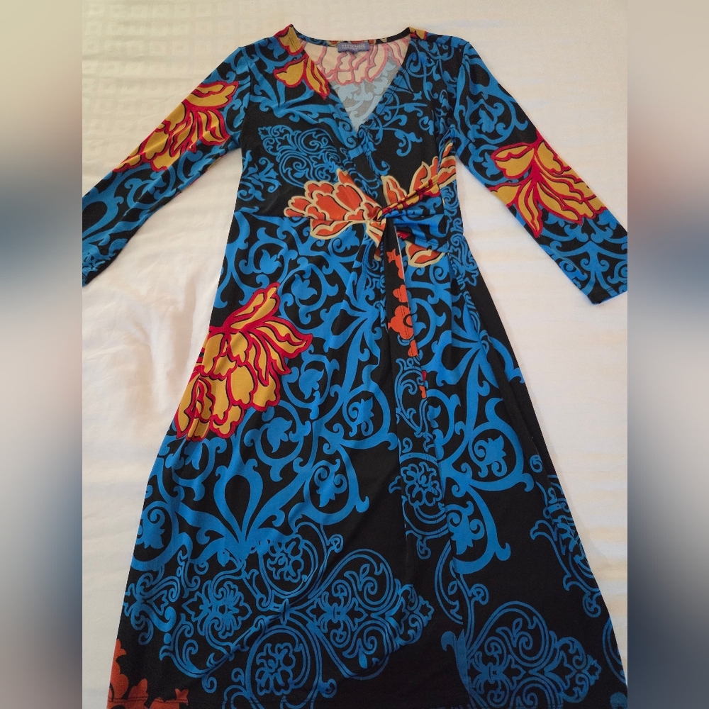 Vivienne Vivienne Tam Faux Wrap Midi Dress Size Small Blue Yellow
